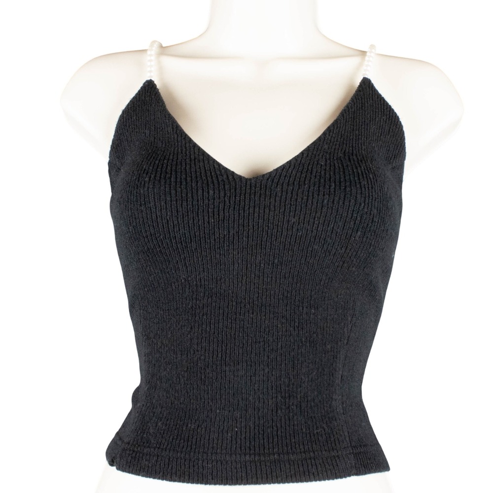 Voca Vaca Womens S Pearl Strap Ribbed Knit Crop Tank Coquette Y2K Black Camisole